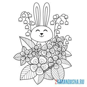 Онлайн раскраска пасхальный кролик в весенних цветах