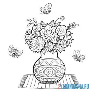 Распечатать раскраску ваза с полевыми цветами и бабочки на А4