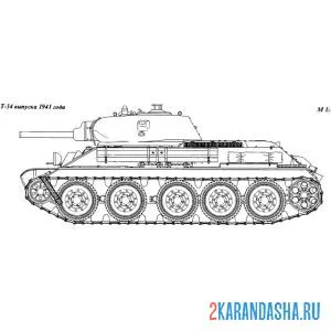 Распечатать раскраску танк т-34 вид сбоку на А4