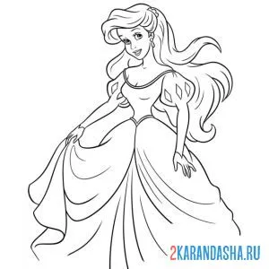 Распечатать раскраску русалочка ариэль шикарное платье на А4