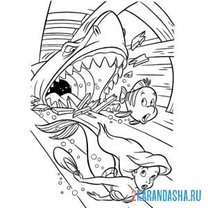 Распечатать раскраску русалочка ариэль и флаундер сбегает от акулы на А4