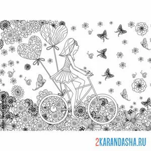Распечатать раскраску девушка на велосипеде на А4