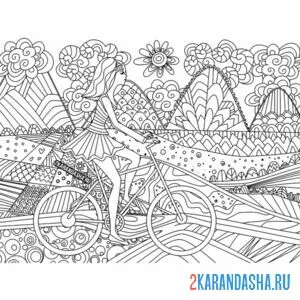 Распечатать раскраску девушка на велосипеде антистресс на А4