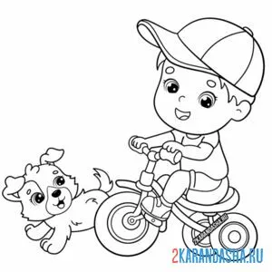 Распечатать раскраску мальчик на велосипеде и собачка на А4