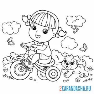 Распечатать раскраску девочка едет на велосипеде на А4