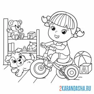 Распечатать раскраску девочка на велосипеде с собакой на А4