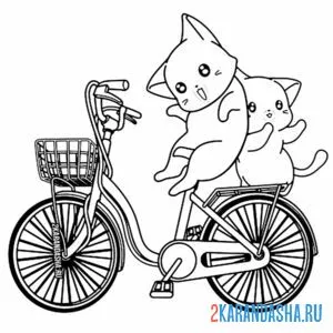 Распечатать раскраску два котенка на велосипеде на А4