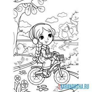 Распечатать раскраску девочка в парке на велосипеде на А4