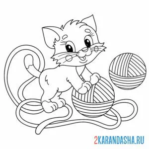 Раскраска котик и клубки онлайн