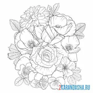 Раскраска разные цветы в букете онлайн