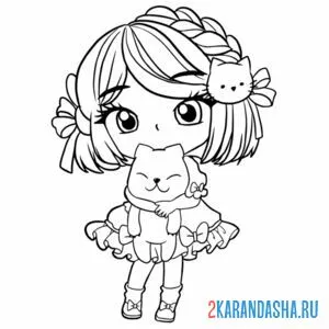 Распечатать раскраску милая аниме девочка с котиком на А4