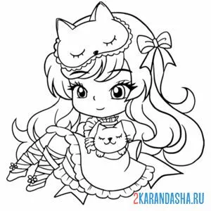 Раскраска аниме девочка с кошечкой онлайн