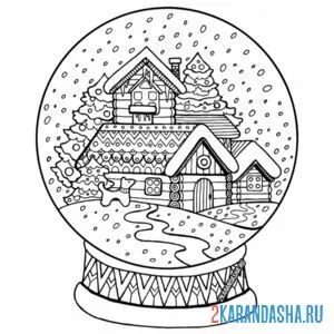 Распечатать раскраску рождественский шар со снегом и домиком на А4