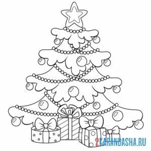 Распечатать раскраску новогодняя елка с подарками и игрушками на А4