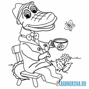 Раскраска крокодил гена пьет чай онлайн