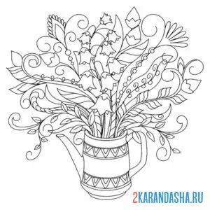 Распечатать раскраску цветы в чайнике натюрморт на А4