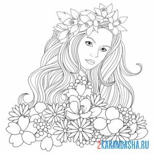 Раскраска красивая девушка с длинными волосами и цветами онлайн