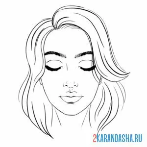 Распечатать раскраску лицо девушки с закрытыми глазами и прической на А4