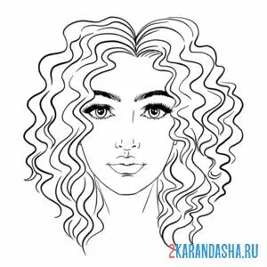 Распечатать раскраску лицо девушки с волнистыми волосами на А4