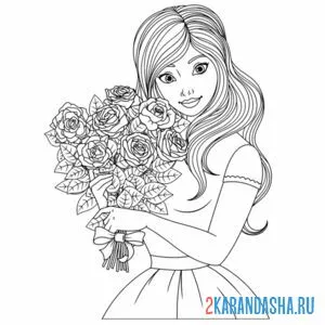 Распечатать раскраску девушка с букетом цветов на А4