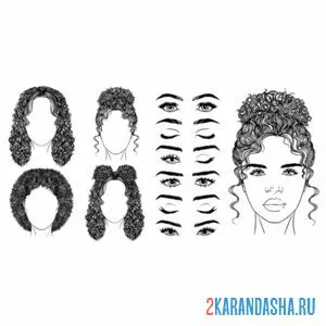 Распечатать раскраску лицо девушки с прической и разными волосами на А4