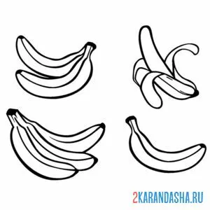 Распечатать раскраску бананы разные виды на А4