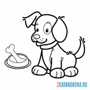 Раскраска собака и миска с косточкой онлайн