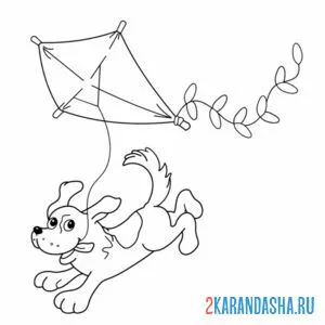 Раскраска собака с воздушным змеем онлайн