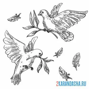 Раскраска два голубя летят с веточками онлайн