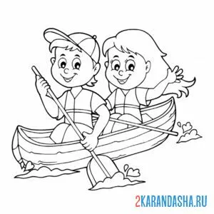 Раскраска мальчик и девочка в лодке онлайн
