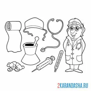 Раскраска доктор и врачебные инструменты онлайн
