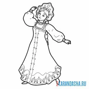 Распечатать раскраску красавица в русском-народном костюме на А4