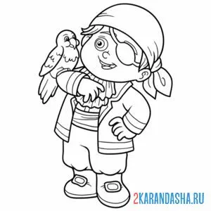 Раскраска мальчик пират с попугаем онлайн