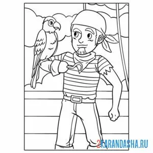 Распечатать раскраску пират с попугаем на А4