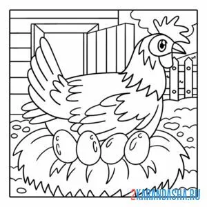 Распечатать раскраску курица с яичками на сене на А4