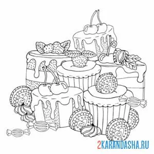 Раскраска сладкие кексы и торт онлайн