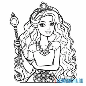 Раскраска барби принцесса с шикарными волосами онлайн