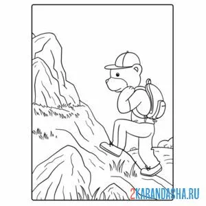 Распечатать раскраску турист мишка в горах на А4