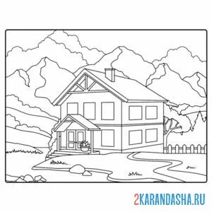 Распечатать раскраску двухэтажный дом в лесу горах на А4