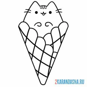 Распечатать раскраску котик-мороженое на А4
