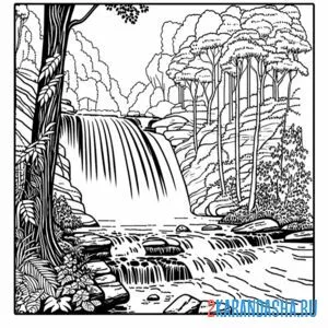 Раскраска лесной пейзаж с водопадом онлайн