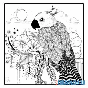 Раскраска попугай на цветущей ветке онлайн