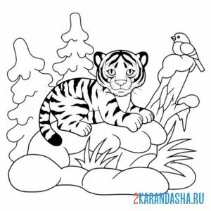Распечатать раскраску тигр в зимнем лесу на А4