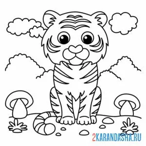 Раскраска тигр с грибами онлайн