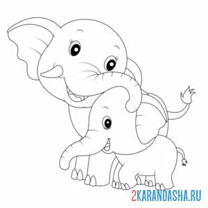 Распечатать раскраску слон мама и малыш слоненок на А4