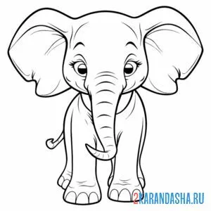 Распечатать раскраску красивый слон с большими ушами на А4