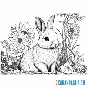 Раскраска зайчик сидит в цветах онлайн