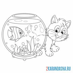 Распечатать раскраску котик и аквариум на А4