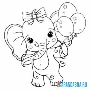 Раскраска слоник девочка с шарами онлайн