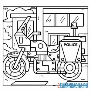 Распечатать раскраску полицейский мотоцикл в городе на А4